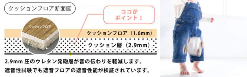 ◆ 特徴：音をやわらげるクッションフロアー。木目調など、おしゃれなデザインも選べる！ ◆ 遮音等級：LL-45相当で、足音をしっかり軽減