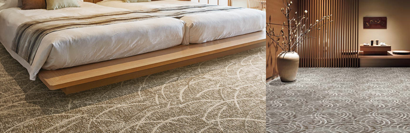 和柄タイルカーペット施工例：旅館の廊下、客室、市松模様、流し貼り例