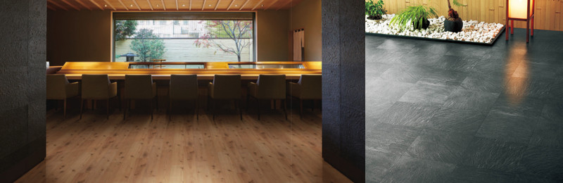 和風長尺シート施工例：玄関、石目調と木目調