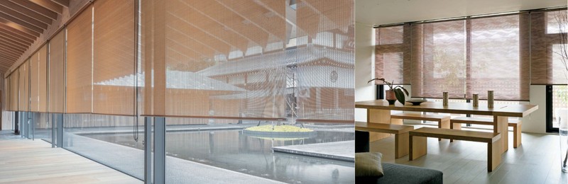 経木すだれ風ロールスクリーン施工例：和食店、日差し調整