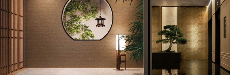 和柄壁紙施工例：ビニールクロス、漆喰風　金箔風