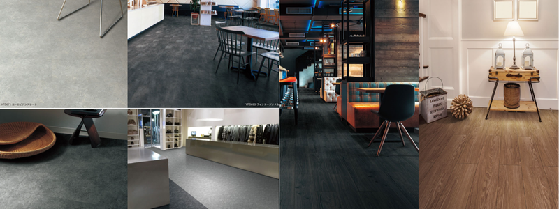 木目調・大理石調・石目調などフロアタイルの柄バリエーションイメージ