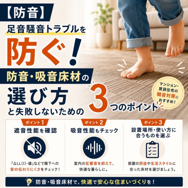 【防音】足音騒音トラブルを防ぐ！防音・吸音床材の選び方と失敗しないための3つのポイント